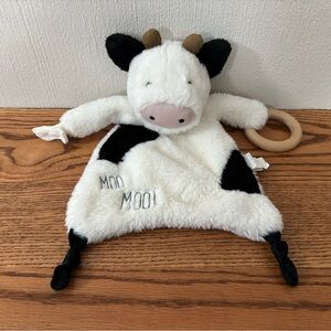 MUD PIE Black and White Cow Lovey with Teether and Pacifier Clip Moo Moo Fuzzy